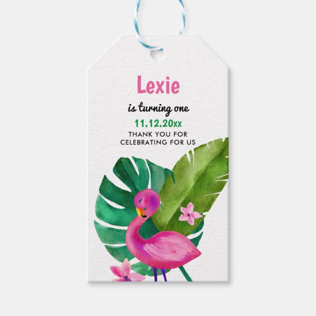 Étiquettes-cadeau Aquarelle rose Flamant rose Tropical Anniversaire (Devant)