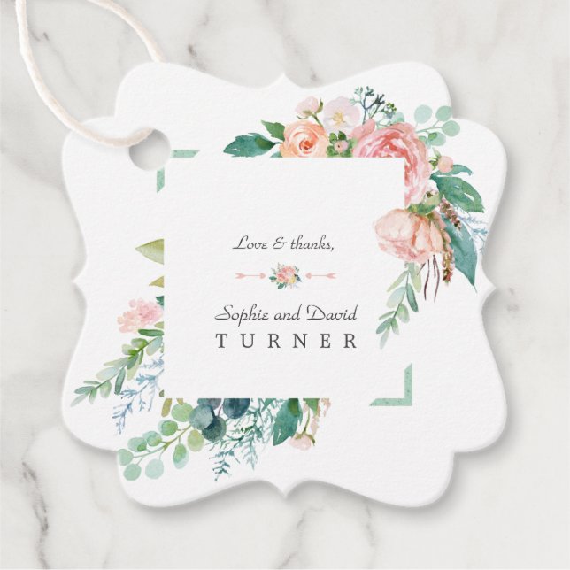 Étiquettes Cadeau Aquarelle rose Fleurs blanches Mariage cadre vert (Devant)