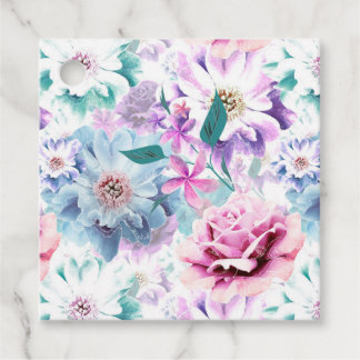 Étiquettes Cadeau Aquarelle rose, fleurs bleues.