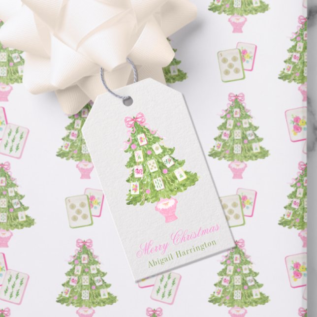 Étiquettes-cadeau Aquarelle rose Mahjong Arbre de Noël (Créateur téléchargé)