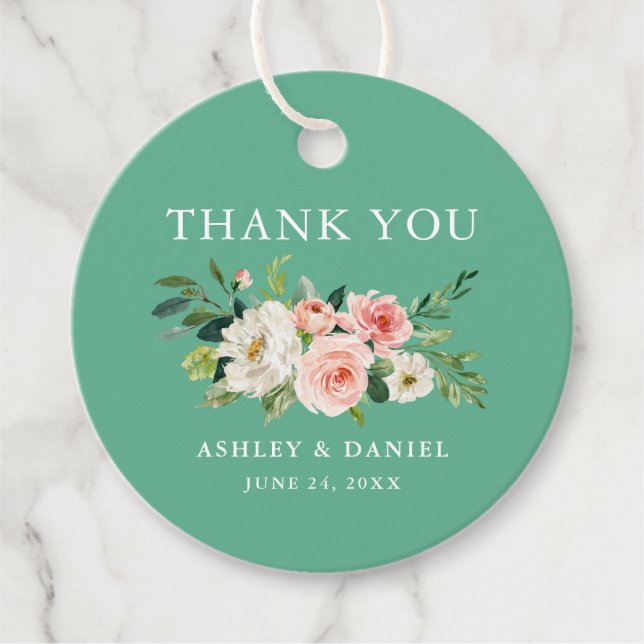Étiquettes Cadeau Aquarelle rose Mariage rose Merci Neo Mint (Devant)