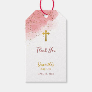 Étiquettes-cadeau Aquarelle rose Parties scintillant Gold Cross Bapt