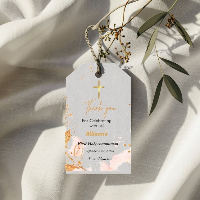 Étiquettes-cadeau Aquarelle rose Première communion sainte merci (Créateur téléchargé)