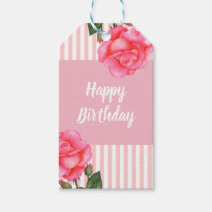 Étiquettes-cadeau Aquarelle Rose Rose Floral Art Joyeux Anniversaire