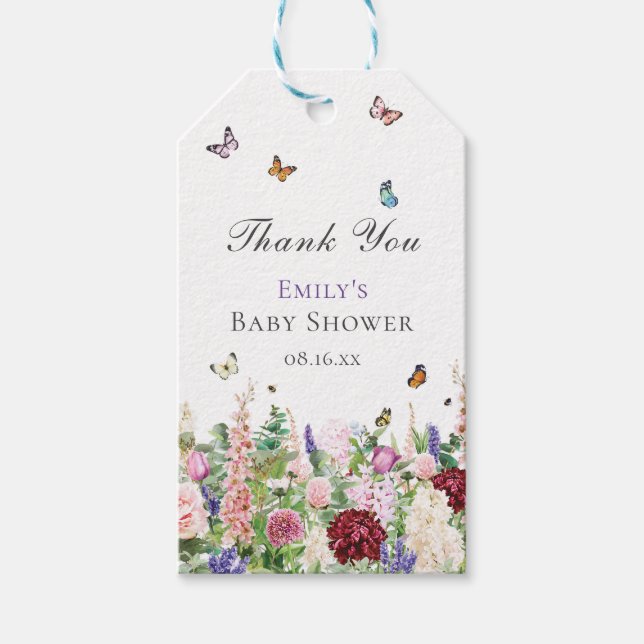 Étiquettes-cadeau Aquarelle rose violet Floral & Papillons (Devant)