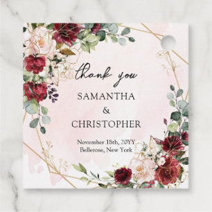 Étiquettes Cadeau Aquarelle roses rouges profondes sauge or mariage