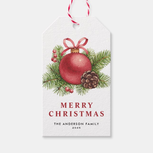 Étiquettes-cadeau Aquarelle Rouge Noël Ball Ornement Fête (Devant)