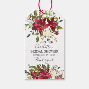 Étiquettes-cadeau Aquarelle Rouge Poinsettia Holly Fête des mariées
