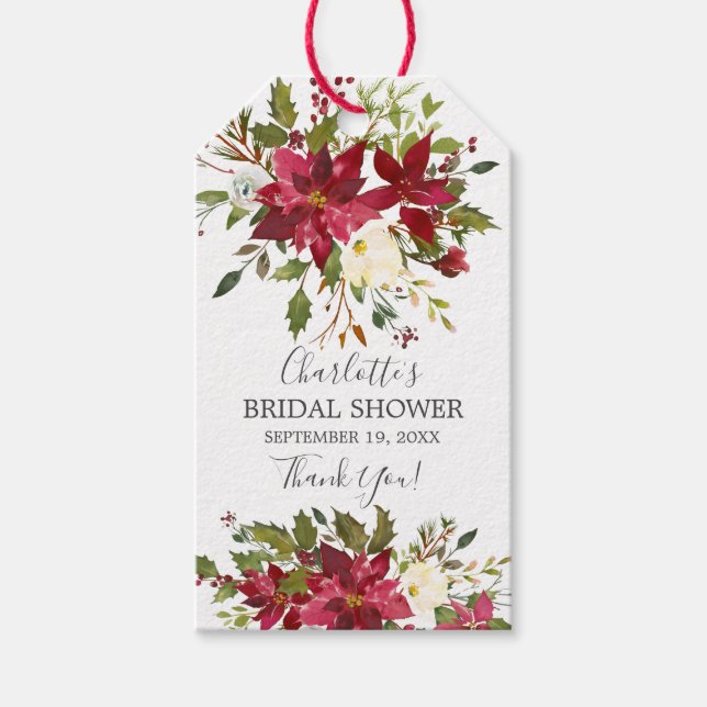 Étiquettes-cadeau Aquarelle Rouge Poinsettia Holly Fête des mariées (Devant)