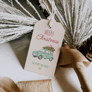 Étiquettes-cadeau Aquarelle rouge vintage verte Arbre de voiture de