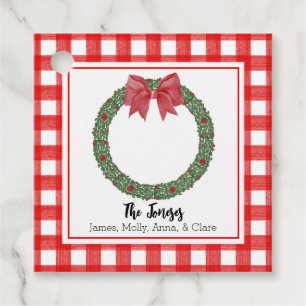 Étiquettes Cadeau Aquarelle RougePlaid Bow Christmas Wreath Gift Tag