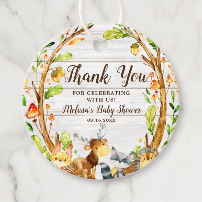 Étiquettes Cadeau Aquarelle rustique Baby shower d'animaux de bois (Devant)