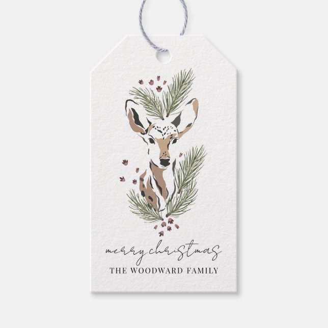 Étiquettes-cadeau Aquarelle rustique Cerfs Pins Boughs Noël (Devant)