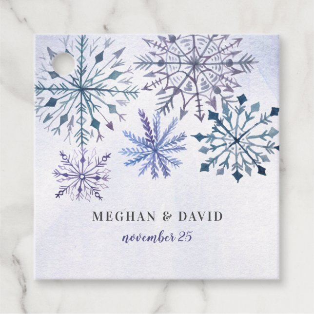 Étiquettes Cadeau Aquarelle rustique Snowflakes Blue Winter Wedding (Devant)