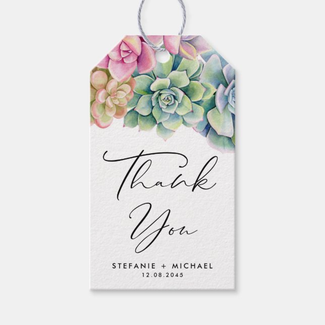 Étiquettes-cadeau Aquarelle Succulents Mariage d'été Merci (Devant)
