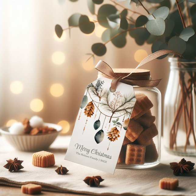Étiquettes-cadeau Aquarelle tendance Boho ornements de Noël (Trendy Watercolor Boho Christmas Ornaments Gift Tags on a small glass jar filled with holiday sweets)