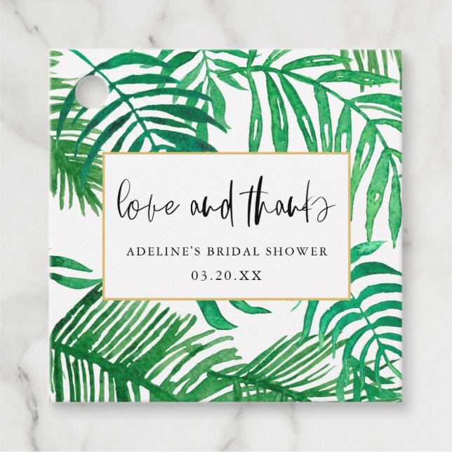 Étiquettes Cadeau Aquarelle tendance Palm Leaf Love et Merci Maridal (Devant)