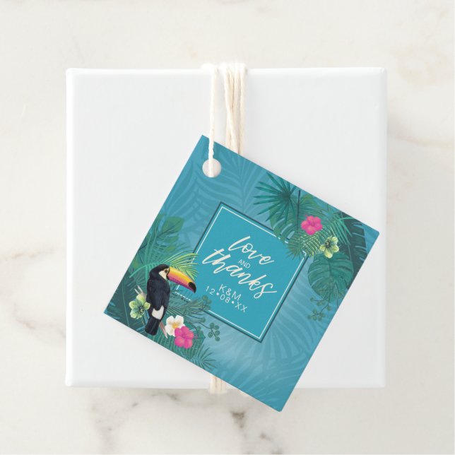 Étiquettes Cadeau Aquarelle Tropical avec Mariage Toucan ID Turquois (En situation)