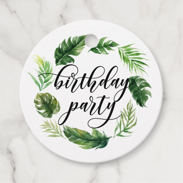 Étiquettes Cadeau Aquarelle Tropical Feuilles Wreath Anniversaire Lu (Devant)
