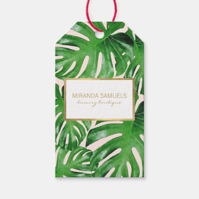 Étiquettes-cadeau Aquarelle Tropical Monstera Feuille Motif rose (Devant)