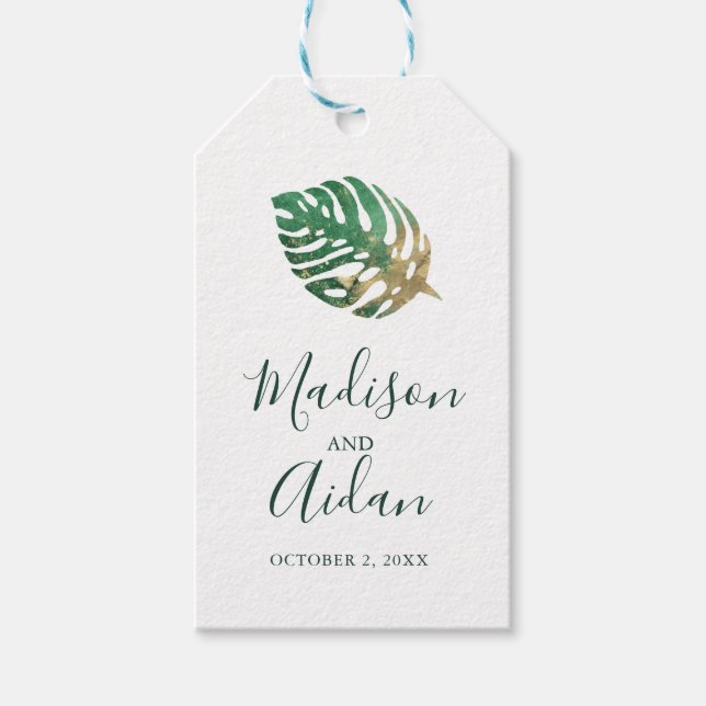 Étiquettes-cadeau Aquarelle tropicale Gold Leaf Wedder Favoriser (Devant)