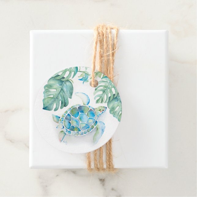 Étiquettes Cadeau Aquarelle tropicale Tortue de mer Favoriser les ét (En situation)