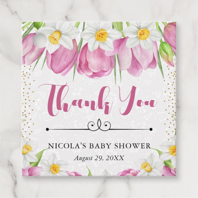 Étiquettes Cadeau Aquarelle Tulipes roses et Baby shower de jonquill (Devant)
