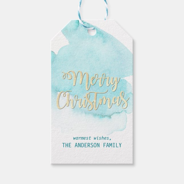 Étiquettes-cadeau Aquarelle Turquoise Blue Water Christmas Gold (Devant)