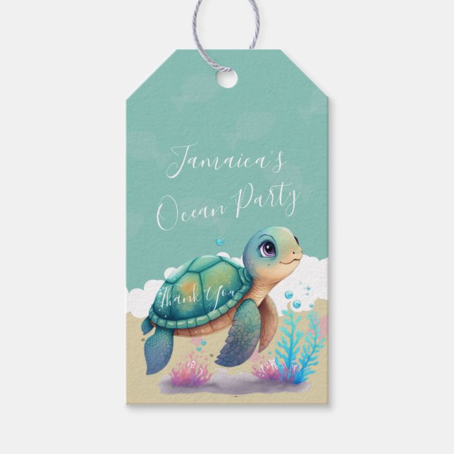Étiquettes-cadeau Aquarelle Turtle Ocean Beach Merci d'anniversaire (Devant)