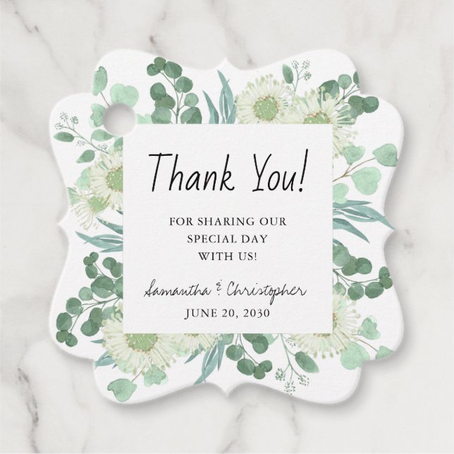 Étiquettes Cadeau Aquarelle Verdure et Fleurs Merci Mariage (Devant)