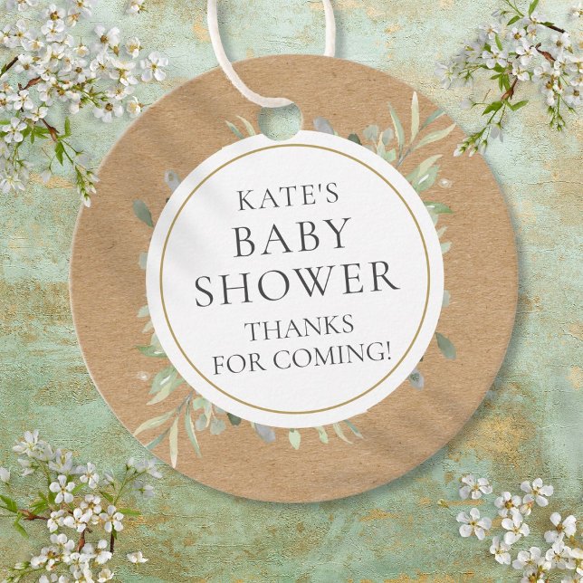 Étiquettes Cadeau Aquarelle verte Baby shower rustique Kraft (Watercolor Greenery Rustic Kraft Baby Shower Favor Tags)