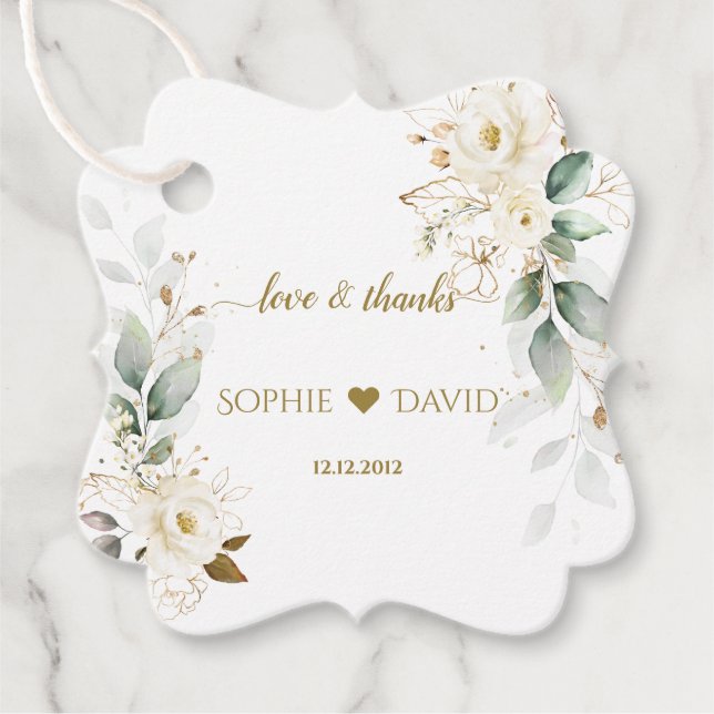 Étiquettes Cadeau Aquarelle verte Blanc Floral Mariage or (Devant)