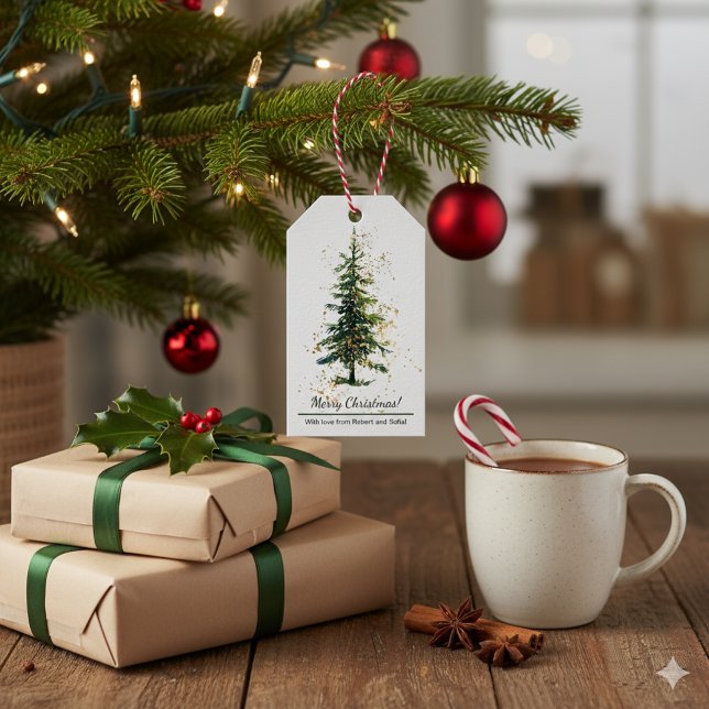 Étiquettes-cadeau Aquarelle verte Épinette Joyeux Noël Blanc (Créateur téléchargé)