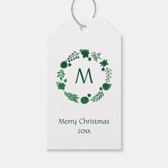Étiquettes-cadeau Aquarelle verte profonde Monogramme de couronne de (Devant)