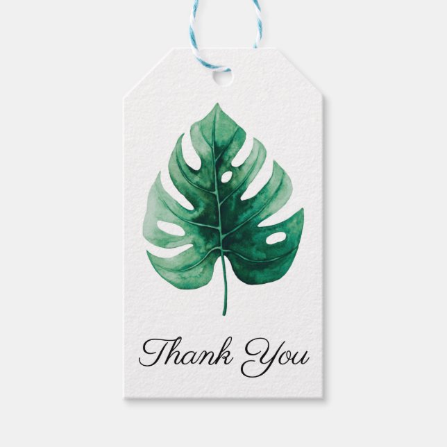Étiquettes-cadeau Aquarelle verte Tropical Monstera Merci feuille (Devant)