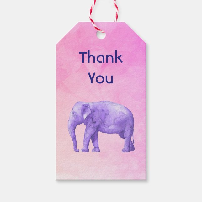 Étiquettes-cadeau Aquarelle violet Merci Eléphant sur rose (Devant)