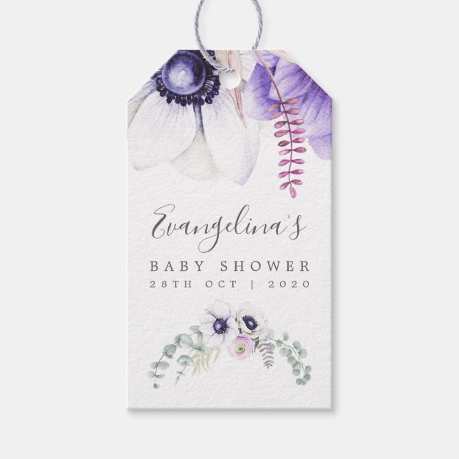 Étiquettes-cadeau Aquarelle violet poussiéreuse Baby shower floral (Devant)