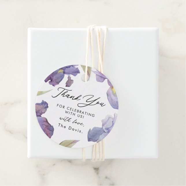 Étiquettes Cadeau Aquarelle violette Iris Merci Floral (En situation)