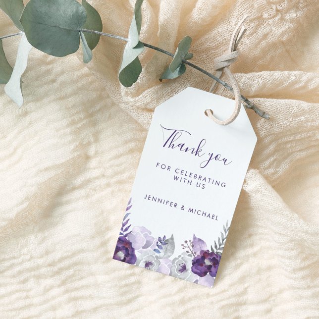 Étiquettes-cadeau Aquarelle violette Mariage Merci (Purple Watercolor Floral Wedding Thank You Gift Tags)