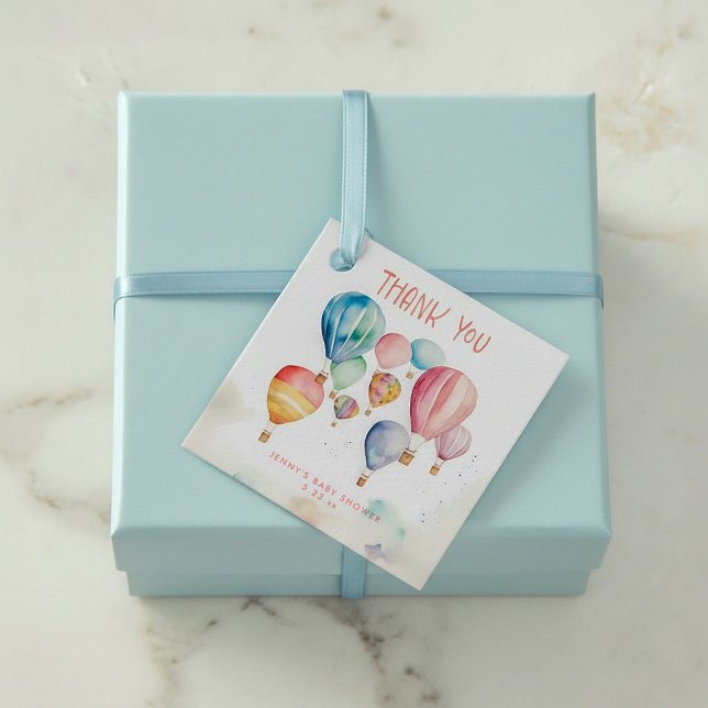 Étiquettes Cadeau Aquarelle volant montgolfières merci (Watercolor flying hot air balloons thank you favor tags.)