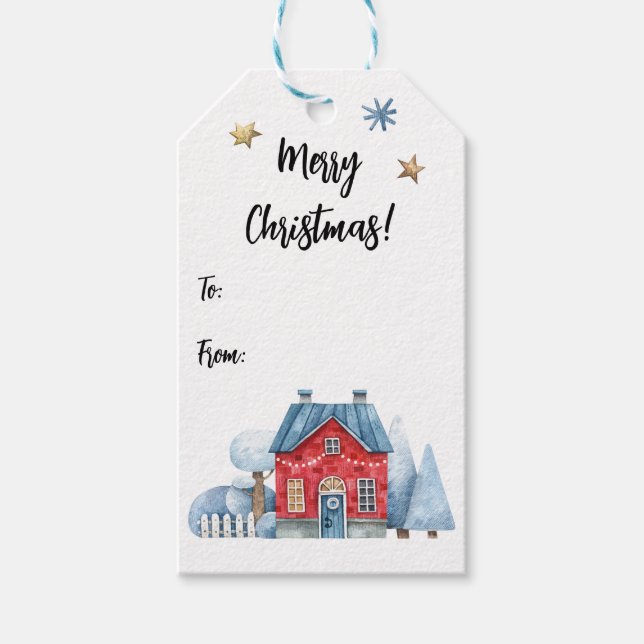 Étiquettes-cadeau Aquarelle Whimsical Red House Snow Trees De (Devant)