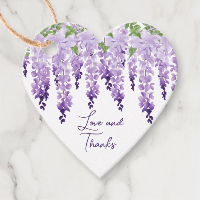 Étiquettes Cadeau Aquarelle Wisteria Mariage Love And Thanks Script (Devant)