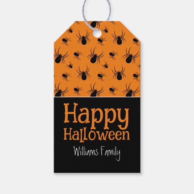 Étiquettes-cadeau Araignées Halloween Black Orange Personnalisé (Devant)