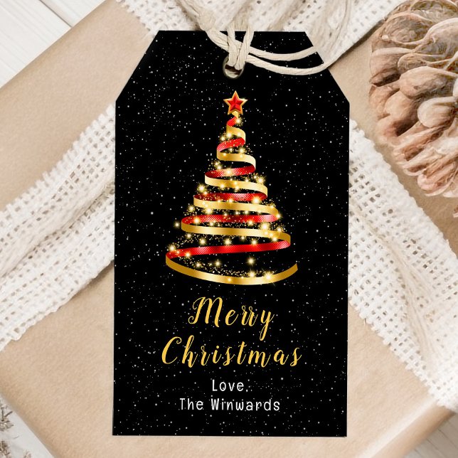 Étiquettes-cadeau Arbre à ruban rouge et or Joyeux Noël (Créateur téléchargé)