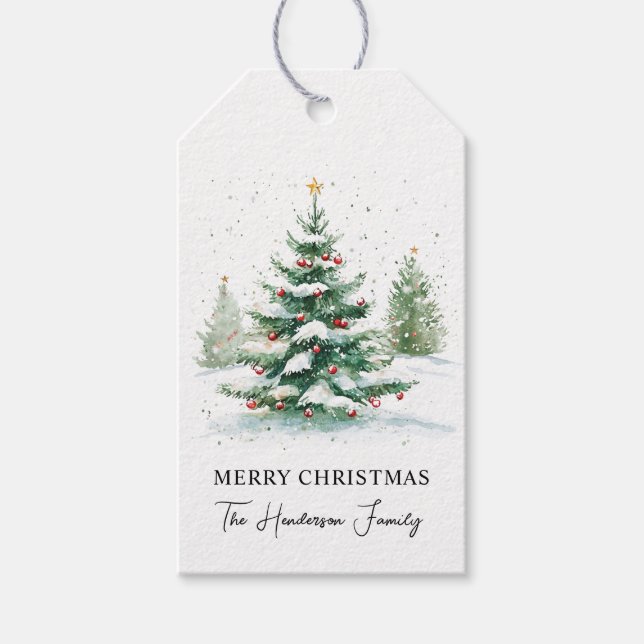 Étiquettes-cadeau Arbre de Noël à l'aquarelle de script simple (Devant)