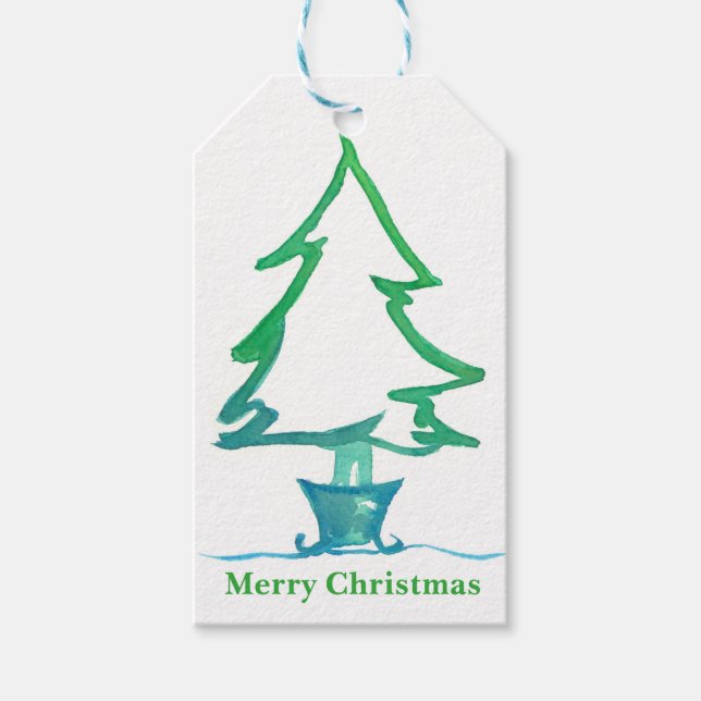 Étiquettes-cadeau Arbre de Noël Aquarelle (Devant)