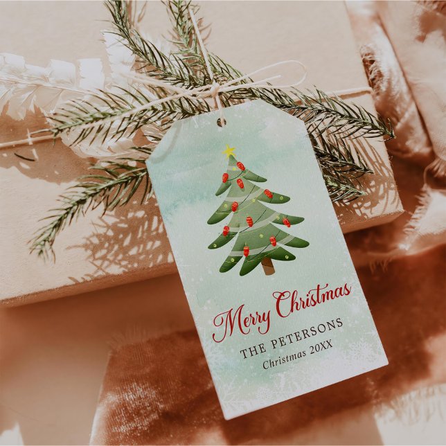 Étiquettes-cadeau Arbre de Noël aquarelle élégant Fête de fêtes (Créateur téléchargé)