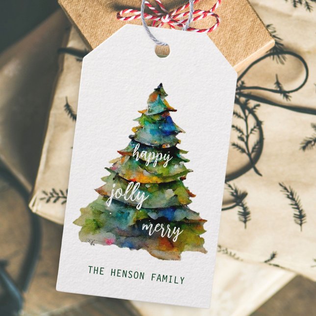 Étiquettes-cadeau Arbre de Noël Aquarelle Joyeux Jolly Happy (Créateur téléchargé)