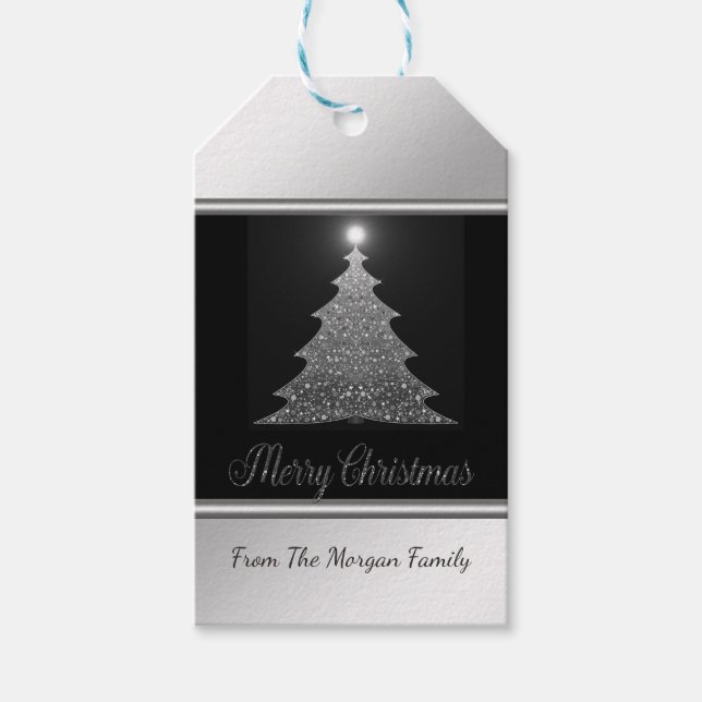 Étiquettes-cadeau Arbre de Noël, Argent, Noir - Personnalisé (Devant)