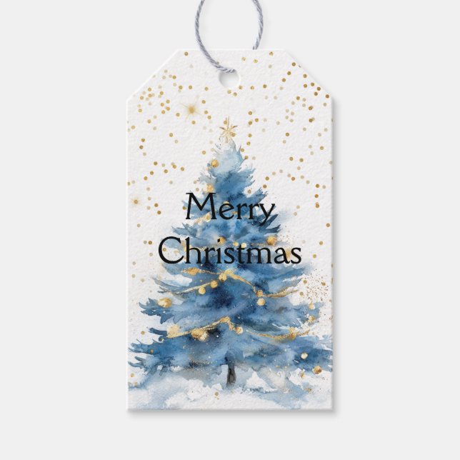Étiquettes-cadeau Arbre de Noël bleu Confetti en or (Devant)
